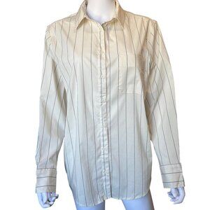 A New Day Beige & Black Striped Button-Up Shirt Cotton Blend Womens Size Medium